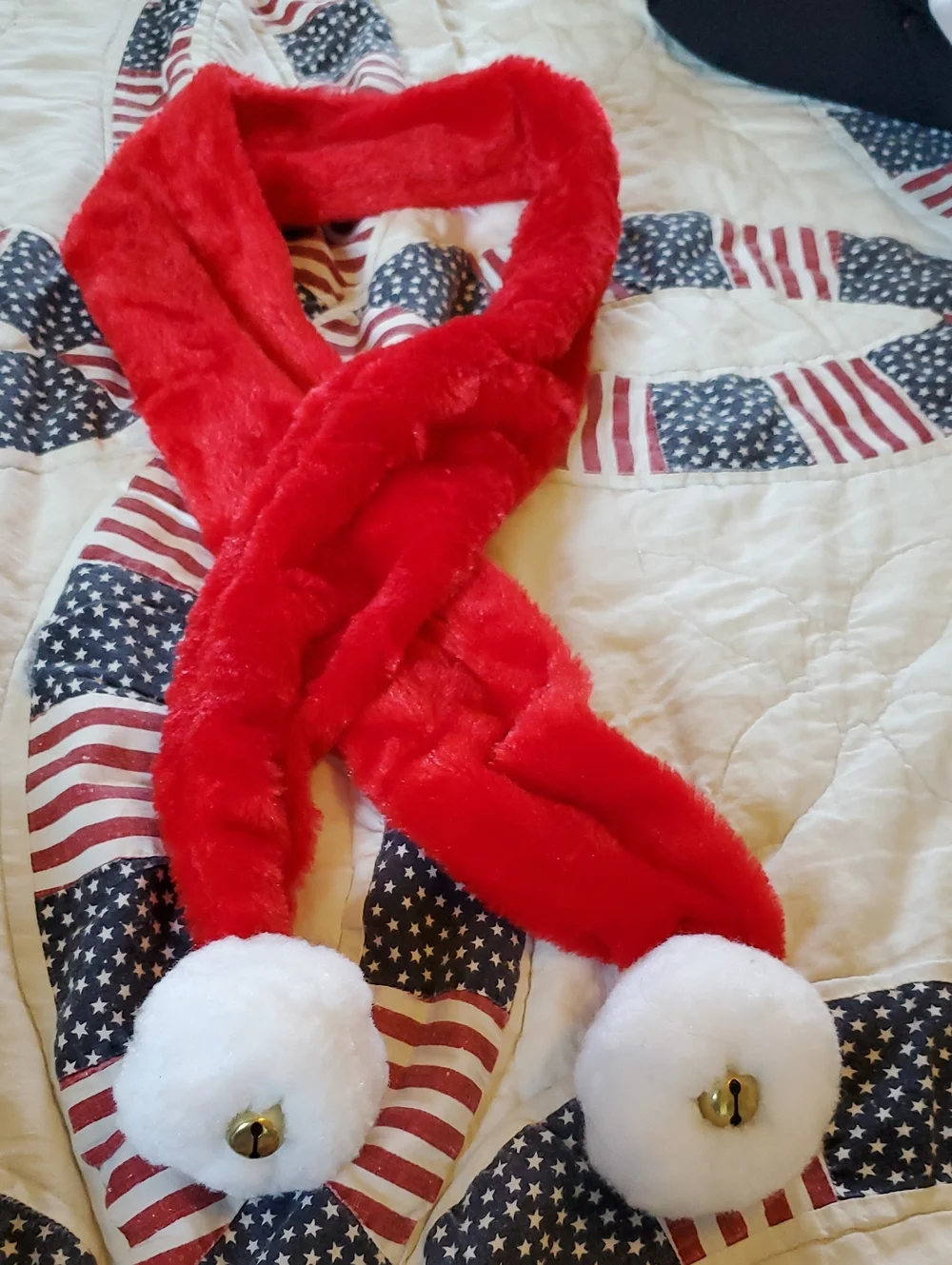 Red Faux Fur Scarf with White Pom-Pom & Jingle Bells